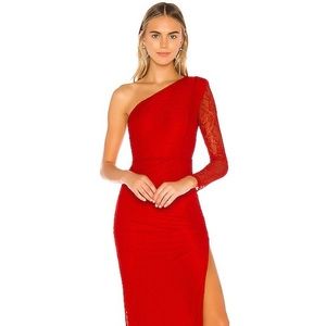 NWT Red NBD Latham One Shoulder Lace Long with Side Slit Gown